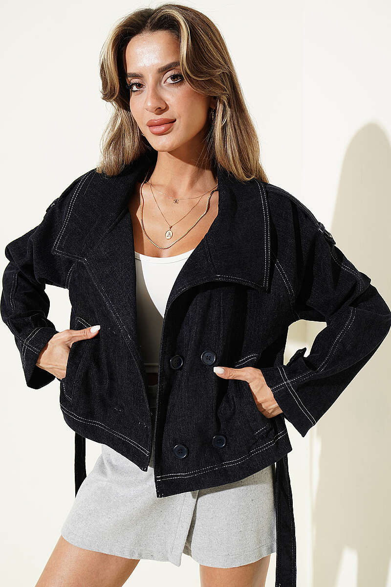 Belted Jacket with Pocket Detail - Navy