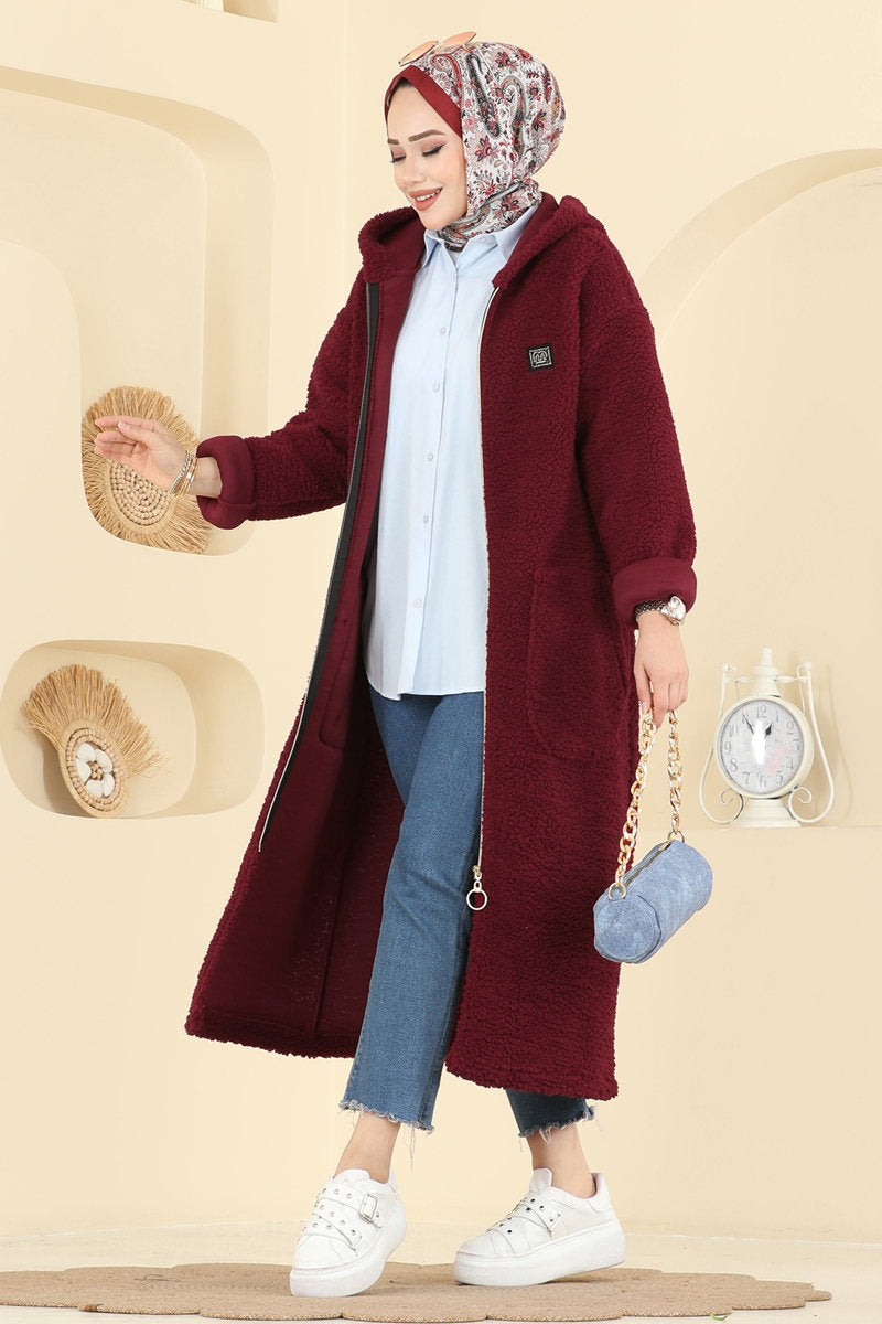 Plush Cardigan with Pockets - Burgundy