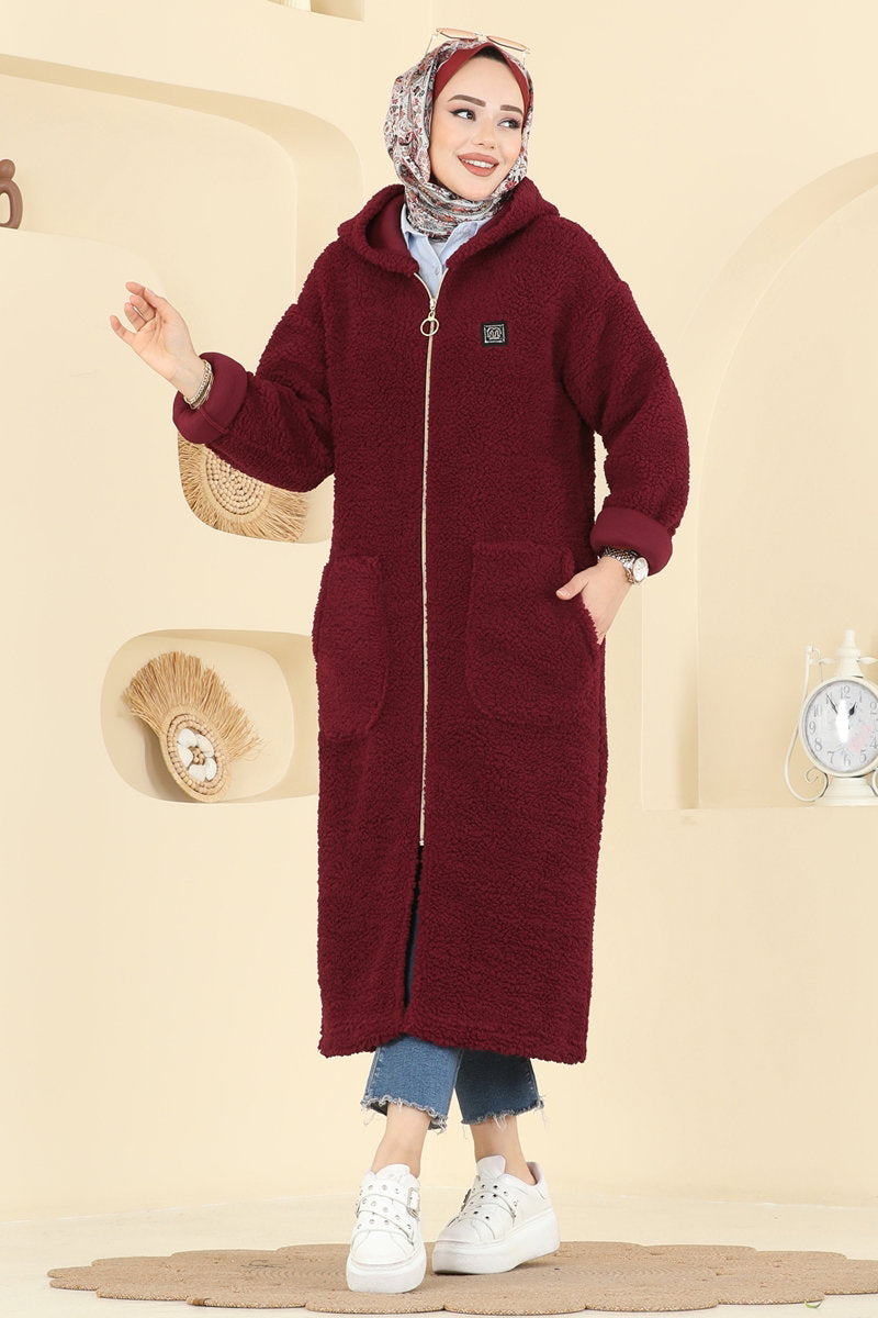 Plush Cardigan with Pockets - Burgundy