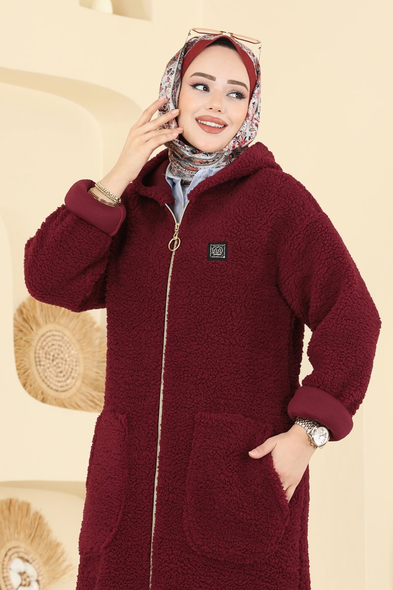 Plush Cardigan with Pockets - Burgundy