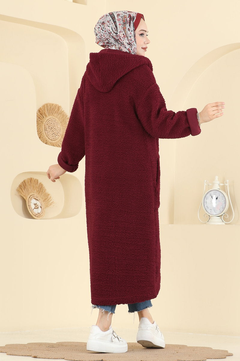 Plush Cardigan with Pockets - Burgundy