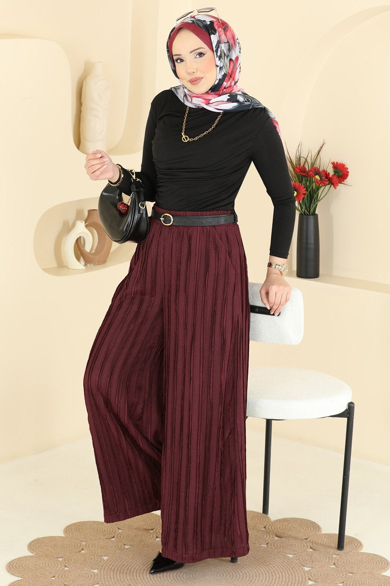 Loose Knit Trousers with Pockets - Burgundy