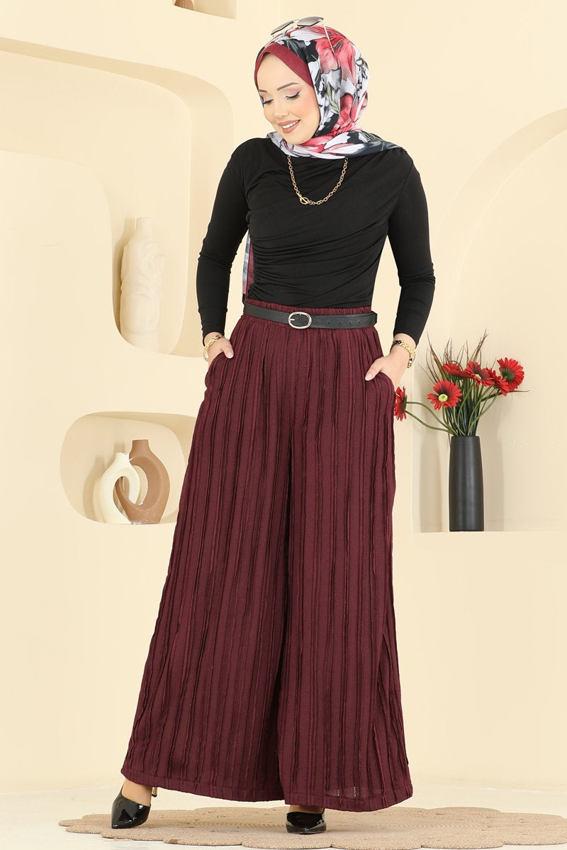 Loose Knit Trousers with Pockets - Burgundy