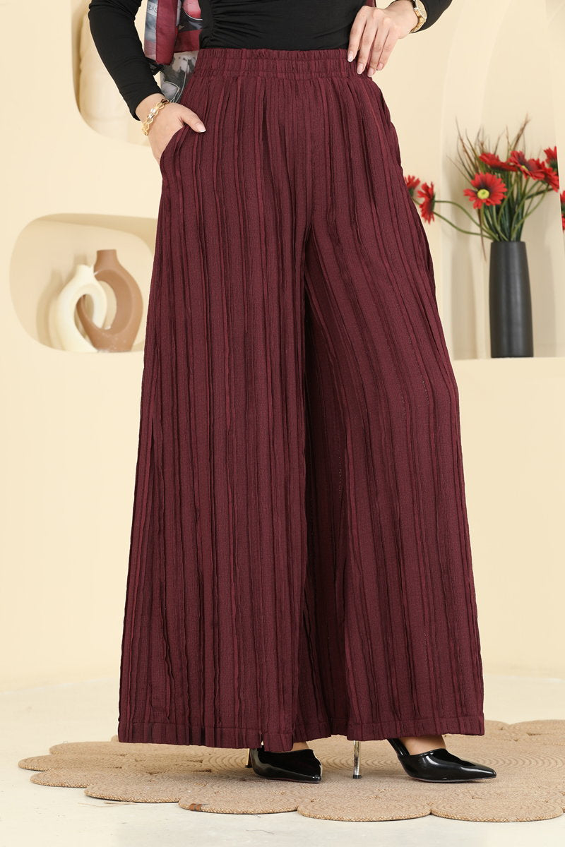 Loose Knit Trousers with Pockets - Burgundy