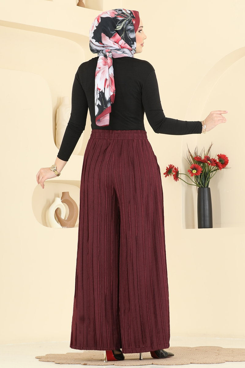 Loose Knit Trousers with Pockets - Burgundy