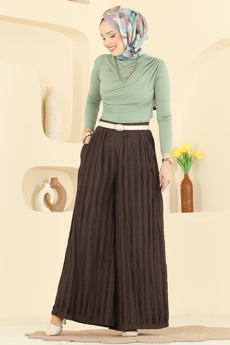 Loose Knit Trousers with Pockets - Brown
