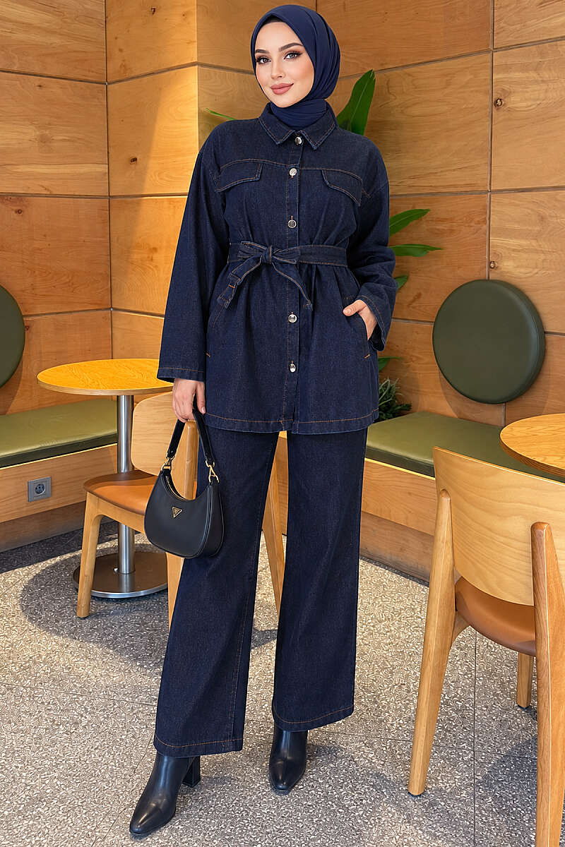 Belted Denim Two-Piece Set with Flap Pockets - Navy