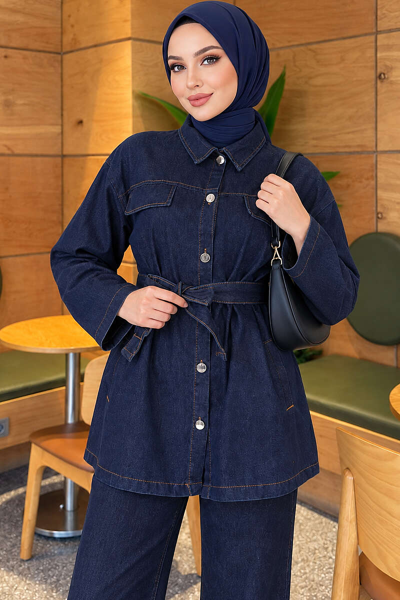 Belted Denim Two-Piece Set with Flap Pockets - Navy