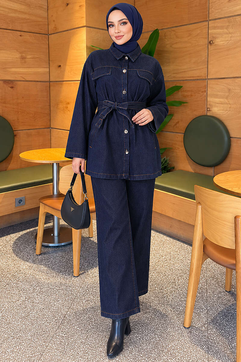 Belted Denim Two-Piece Set with Flap Pockets - Navy