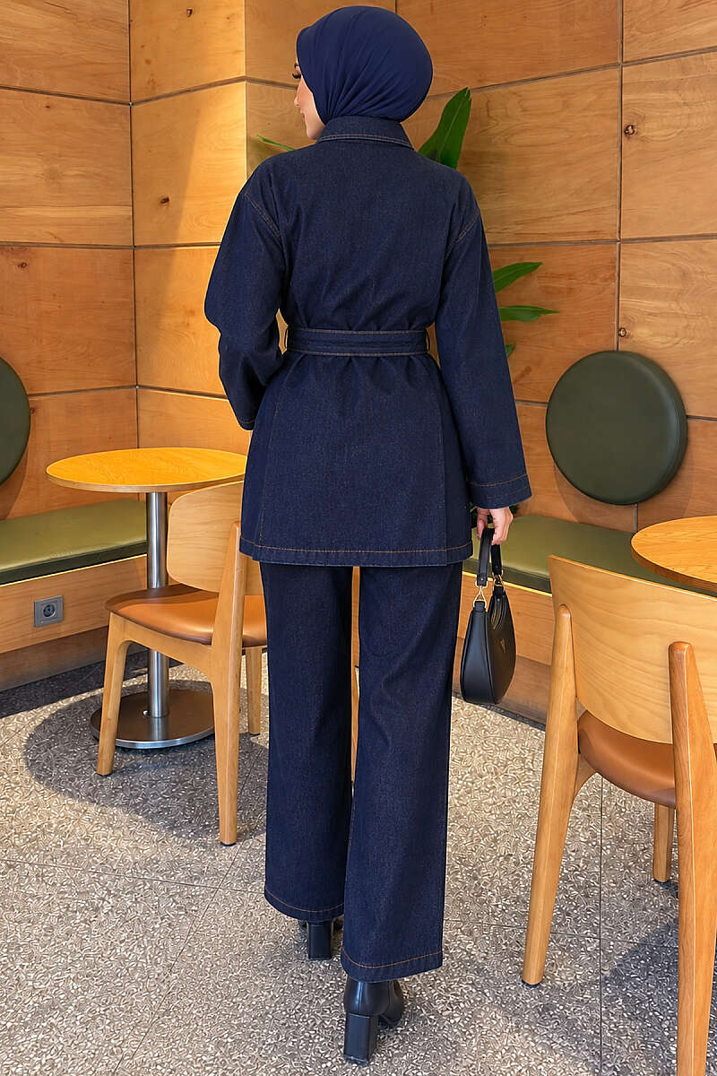 Belted Denim Two-Piece Set with Flap Pockets - Navy
