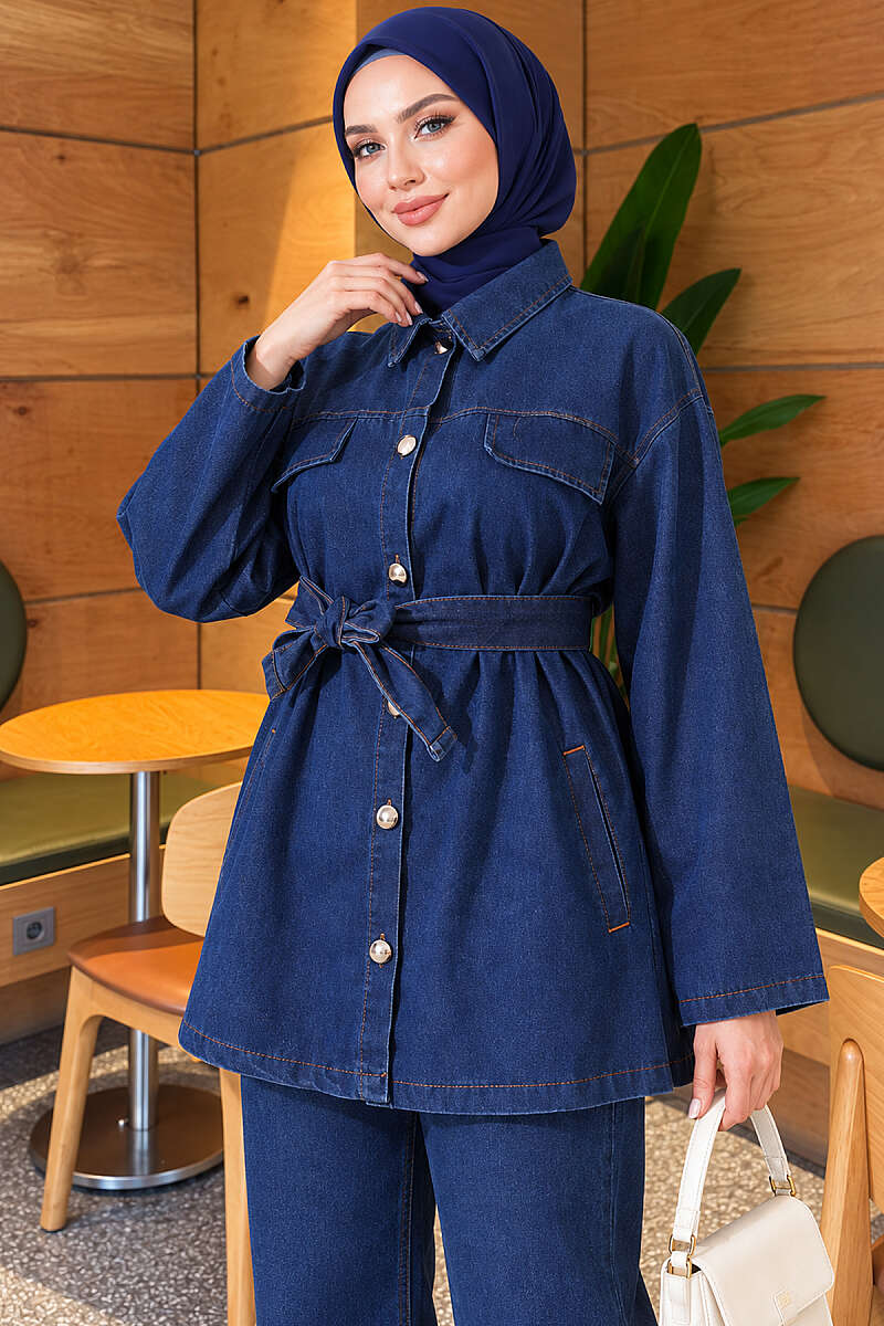 Belted Denim Two-Piece Set with Flap Pockets - Blue