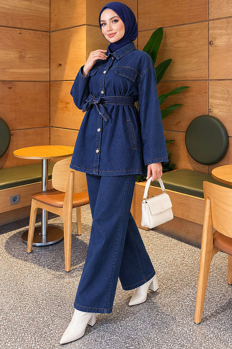 Belted Denim Two-Piece Set with Flap Pockets - Blue
