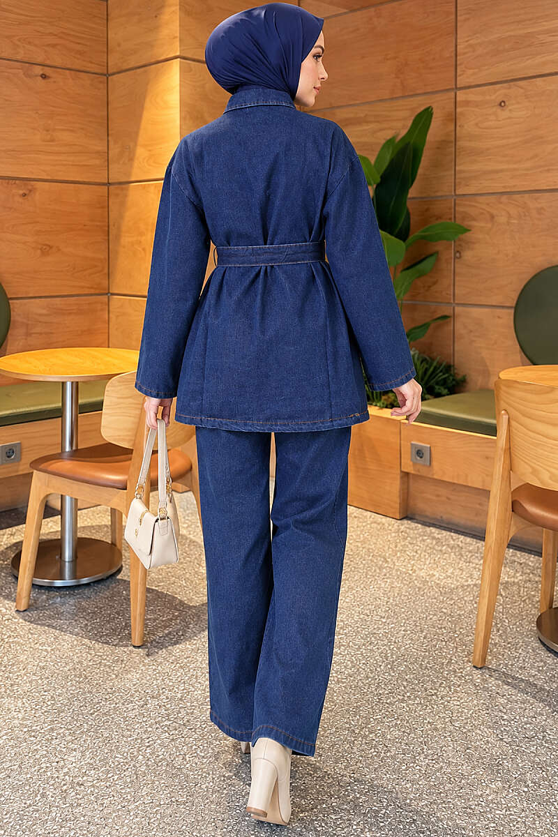 Belted Denim Two-Piece Set with Flap Pockets - Blue