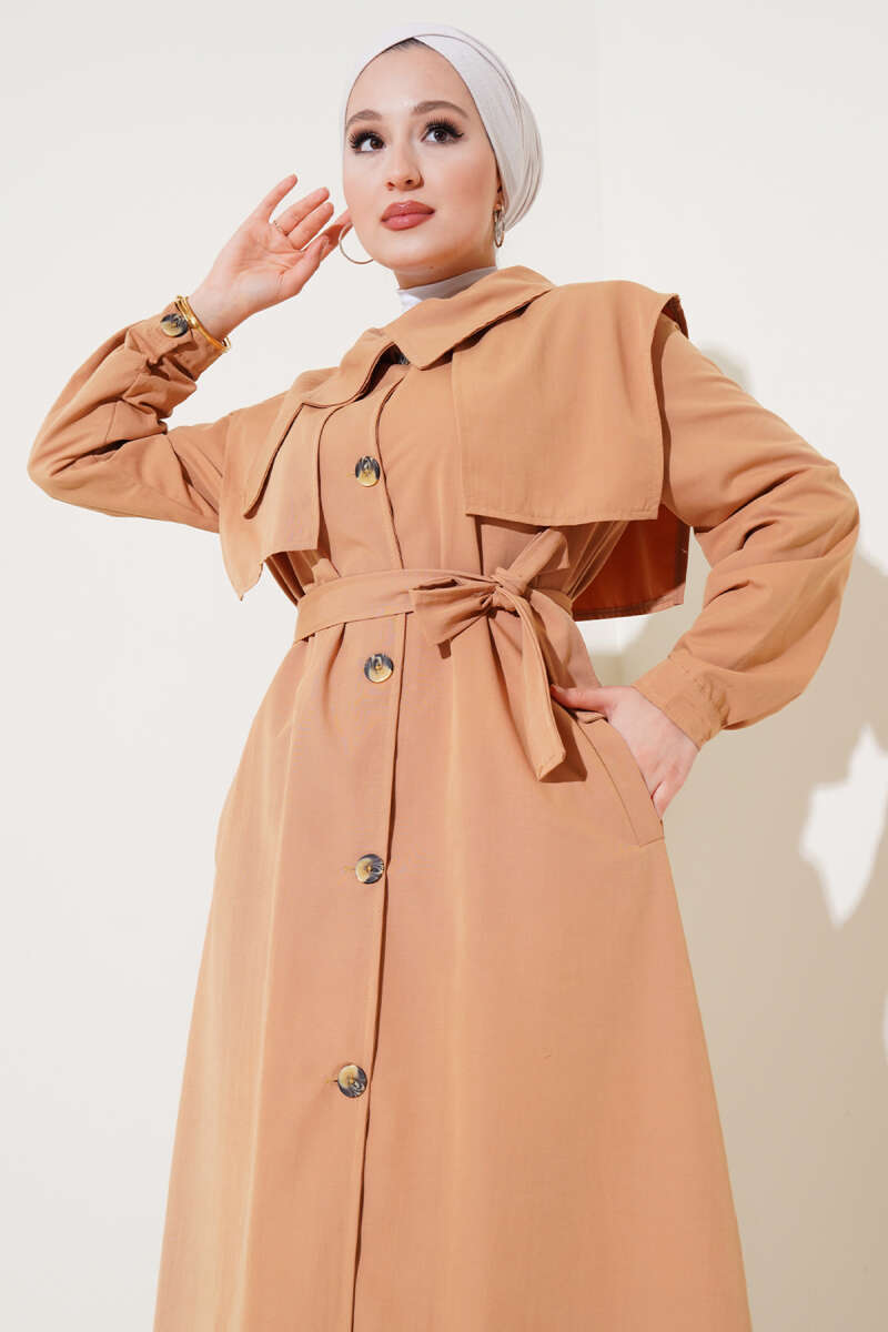 Cape Trench Coat with Flap Pockets - Camel