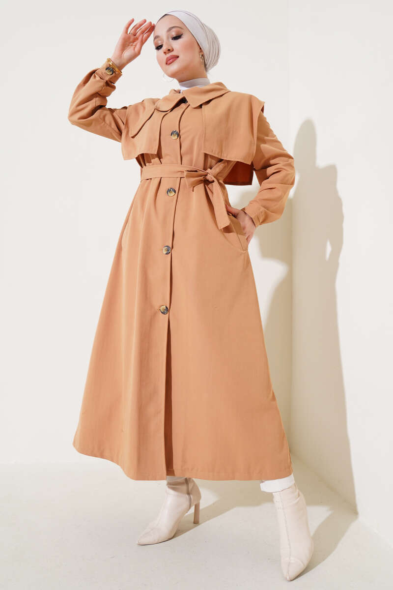 Cape Trench Coat with Flap Pockets - Camel