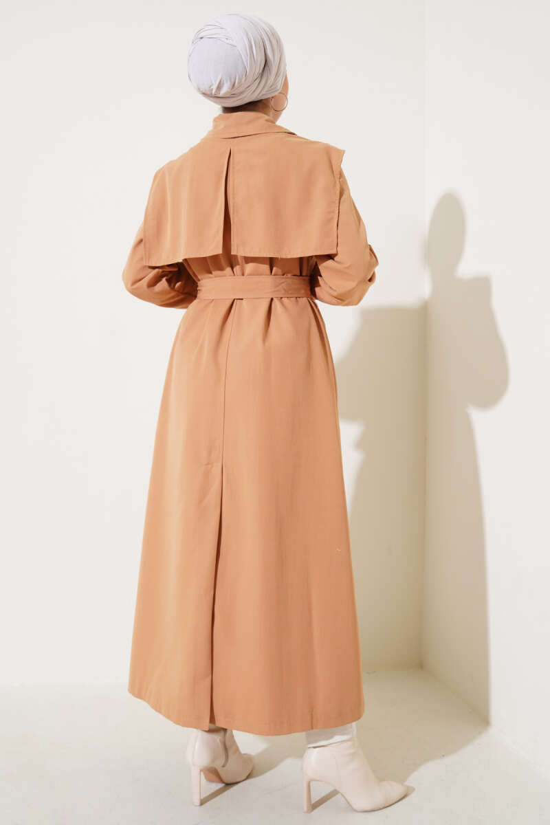 Cape Trench Coat with Flap Pockets - Camel
