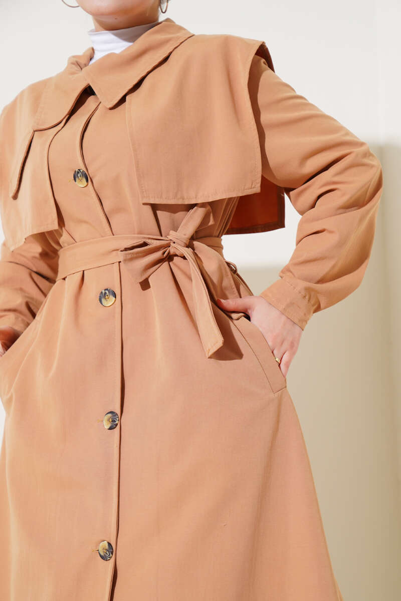 Cape Trench Coat with Flap Pockets - Camel