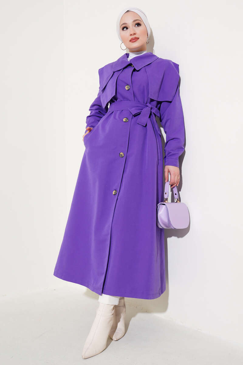 Cape Trench Coat with Flap Pockets - Violet
