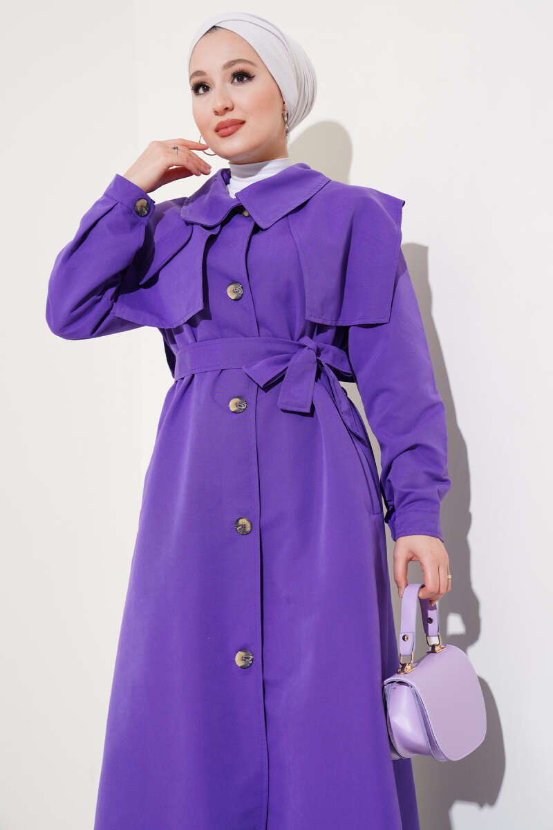 Cape Trench Coat with Flap Pockets - Violet