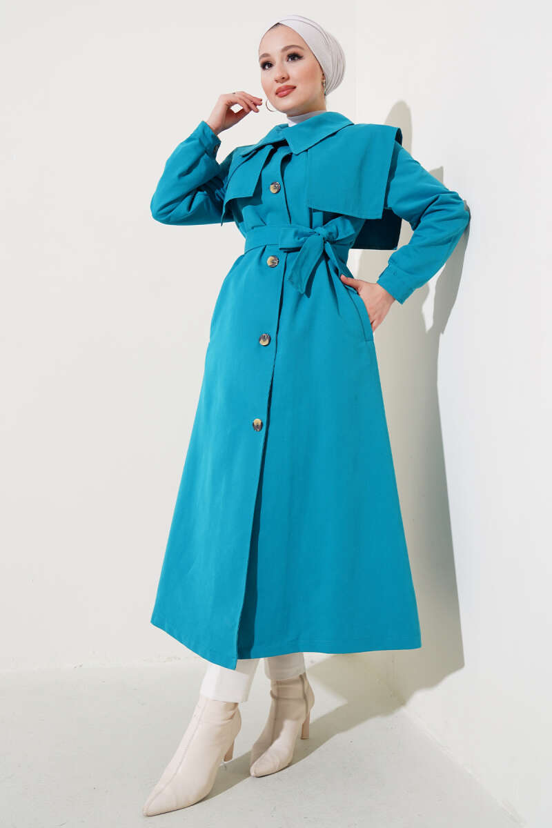 Cape Trench Coat with Flap Pockets - Teal