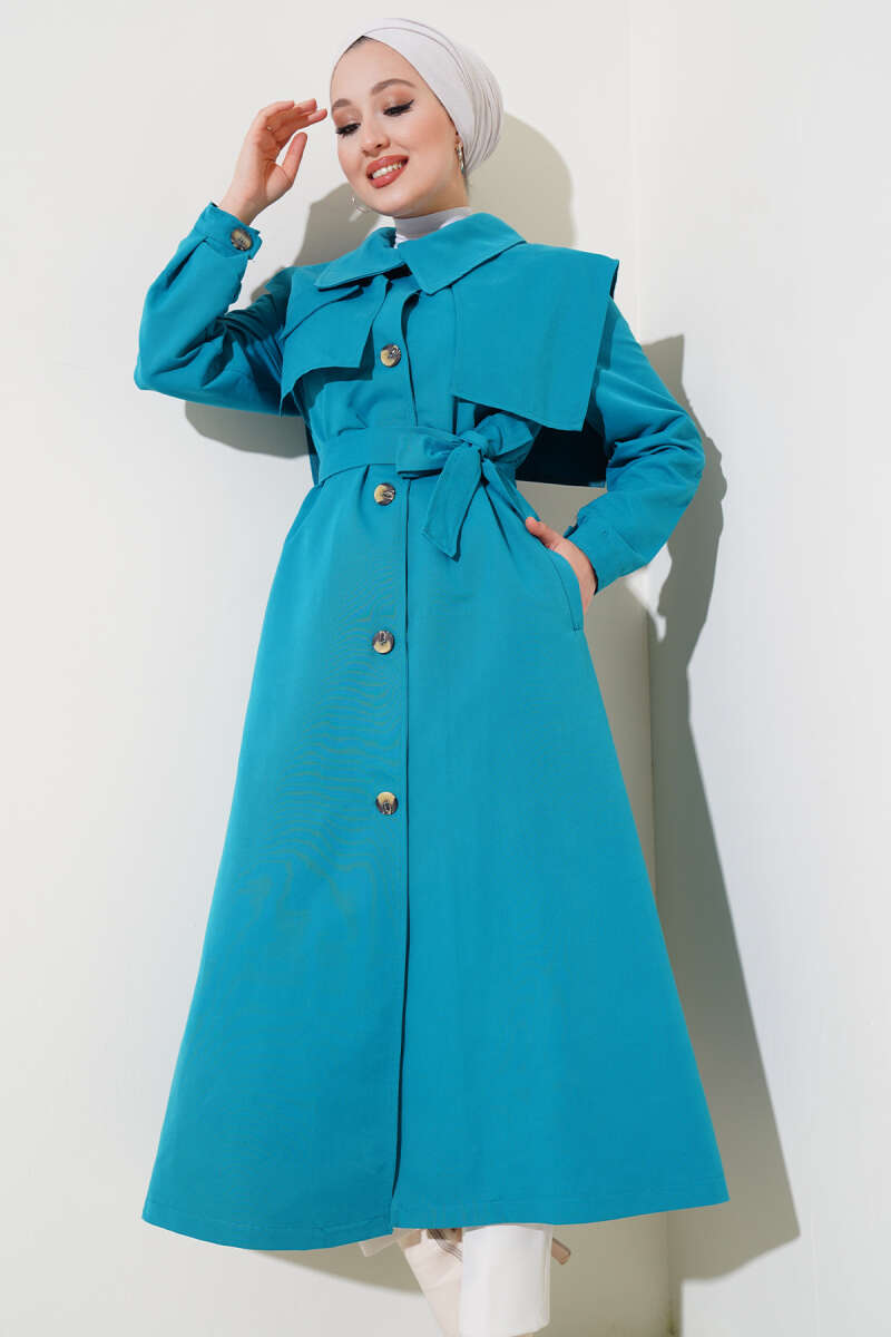Cape Trench Coat with Flap Pockets - Teal