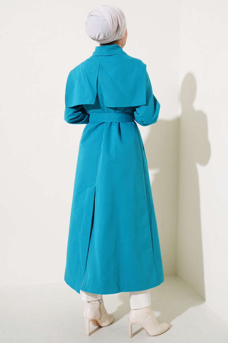 Cape Trench Coat with Flap Pockets - Teal