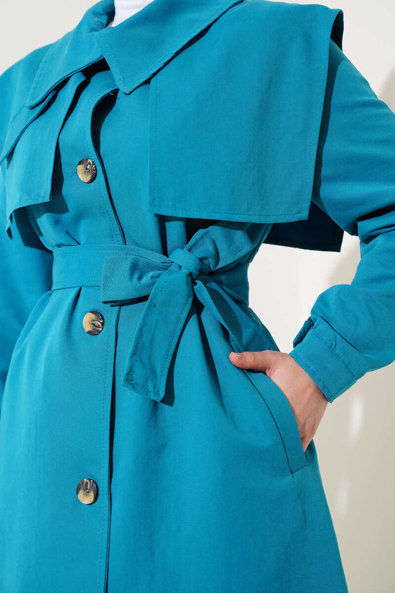 Cape Trench Coat with Flap Pockets - Teal