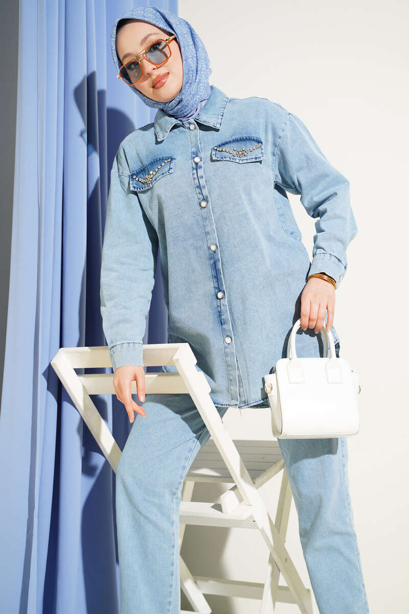 Denim Two-Piece Set with Stone-Button Flap Pockets - Light Blue