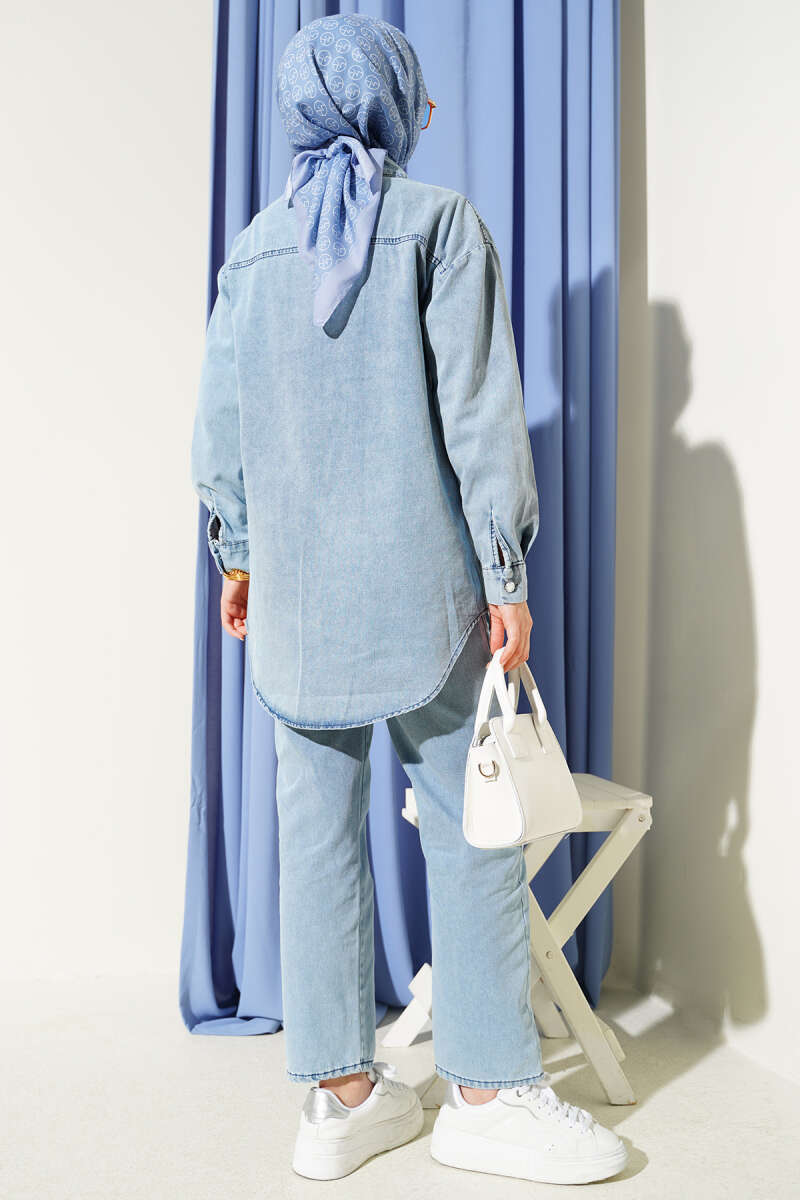 Denim Two-Piece Set with Stone-Button Flap Pockets - Light Blue