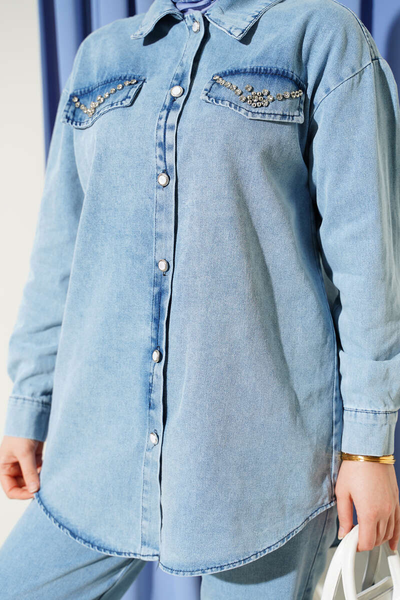 Denim Two-Piece Set with Stone-Button Flap Pockets - Light Blue