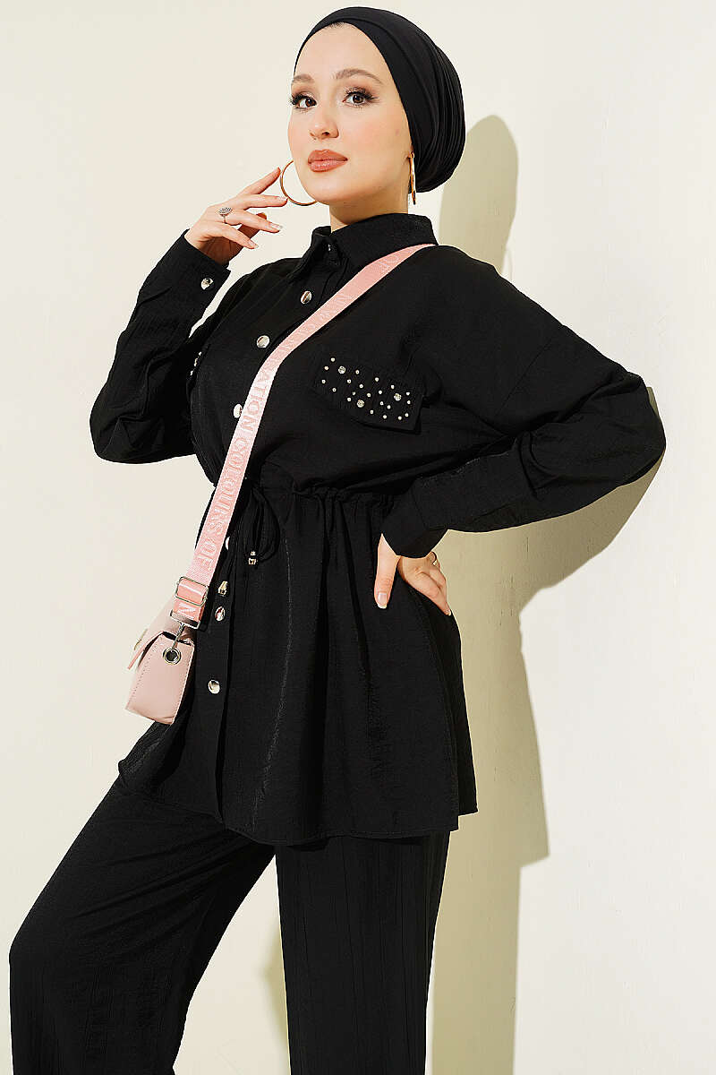 Two-Piece Set with Flap Pockets and Drawstring Waist - Black