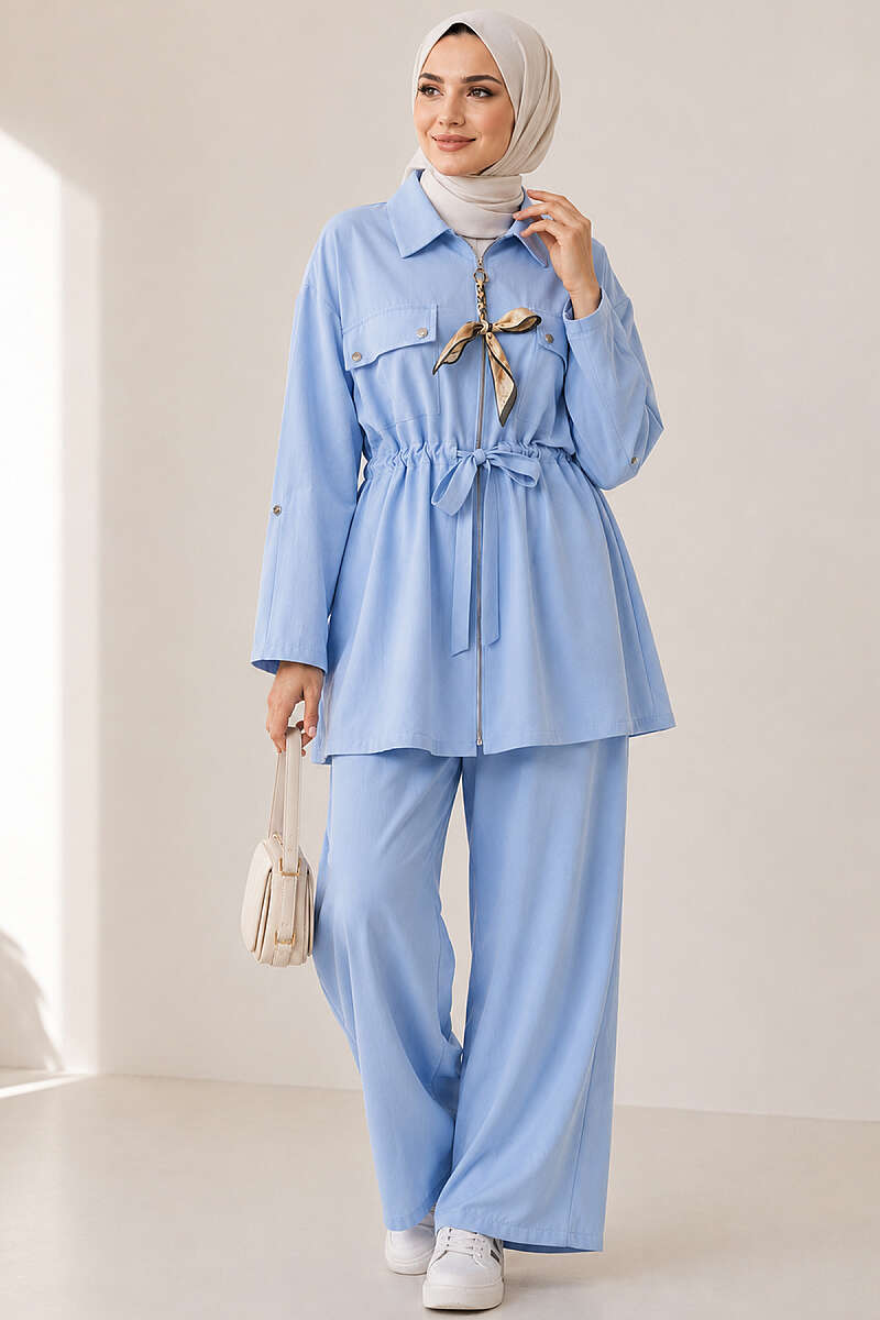 Modal Set with Flap Pockets and Drawstring Waist - Light Blue