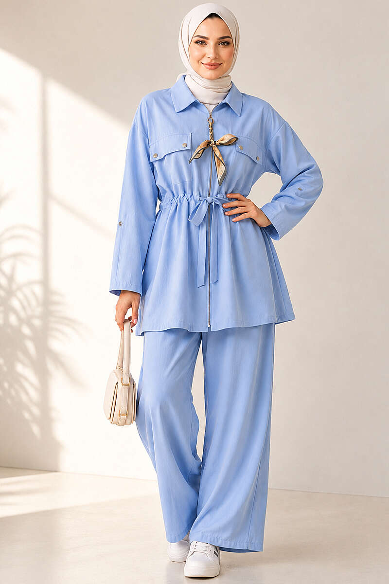 Modal Set with Flap Pockets and Drawstring Waist - Light Blue
