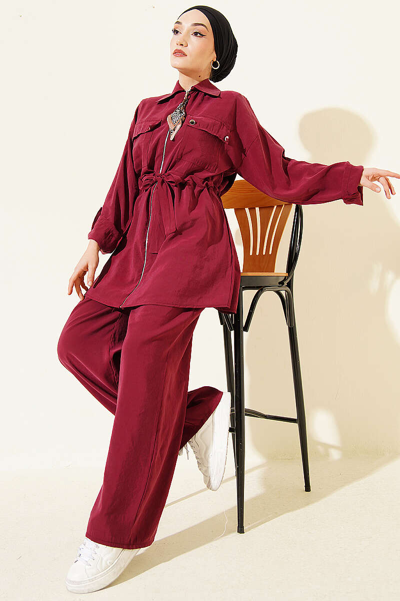 Modal Set with Flap Pockets and Drawstring Waist - Burgundy