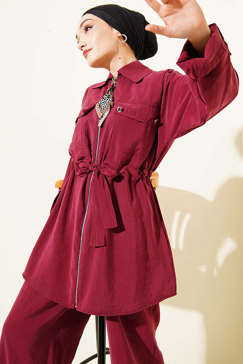 Modal Set with Flap Pockets and Drawstring Waist - Burgundy