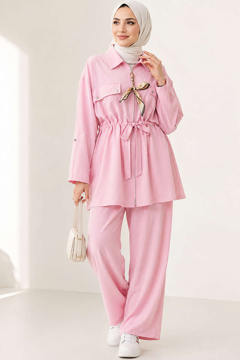Modal Set with Flap Pockets and Drawstring Waist - Pink