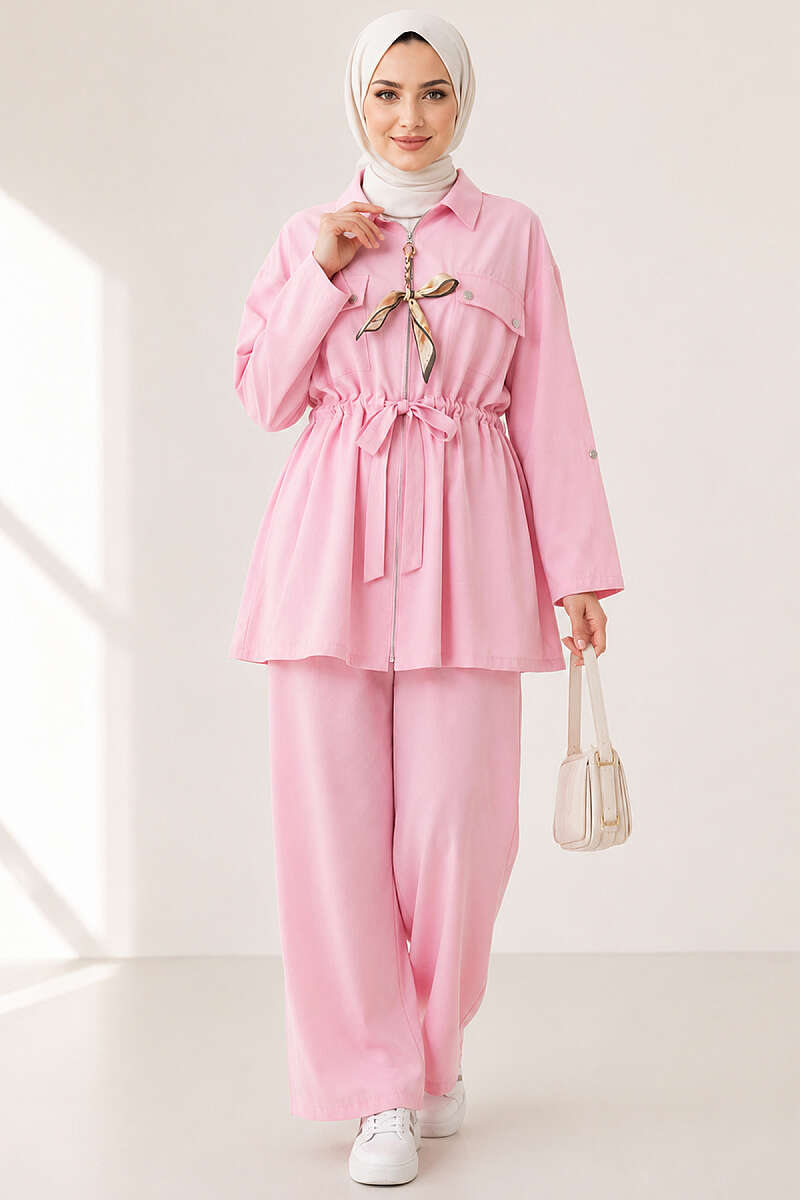 Modal Set with Flap Pockets and Drawstring Waist - Pink