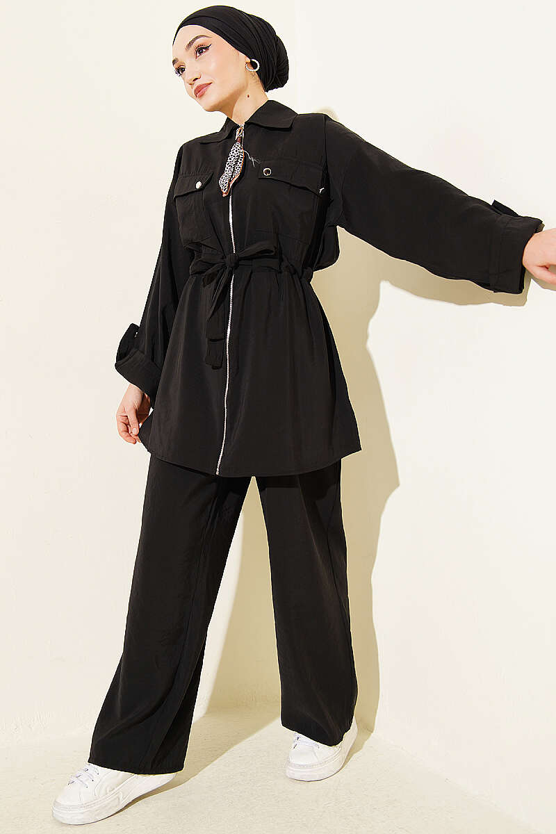 Modal Set with Flap Pockets and Drawstring Waist - Black