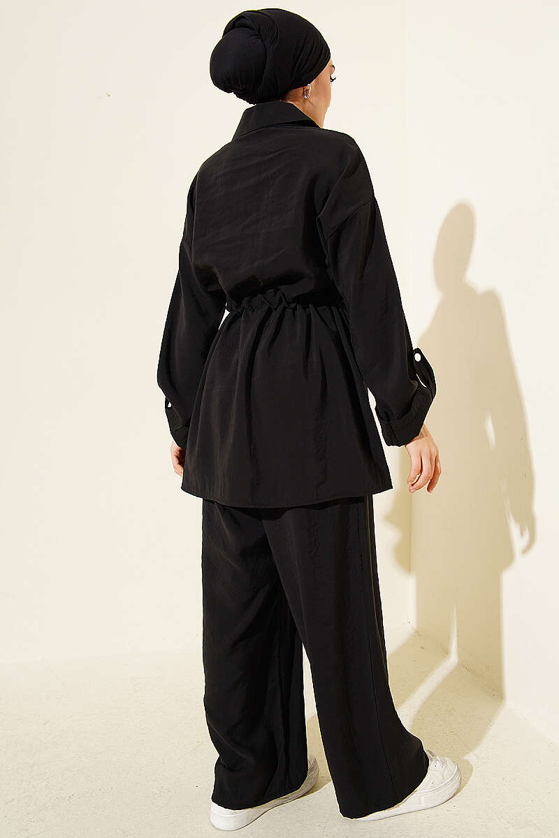 Modal Set with Flap Pockets and Drawstring Waist - Black
