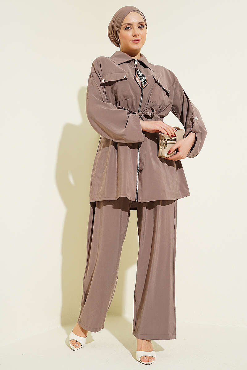 Modal Set with Flap Pockets and Drawstring Waist - Mink