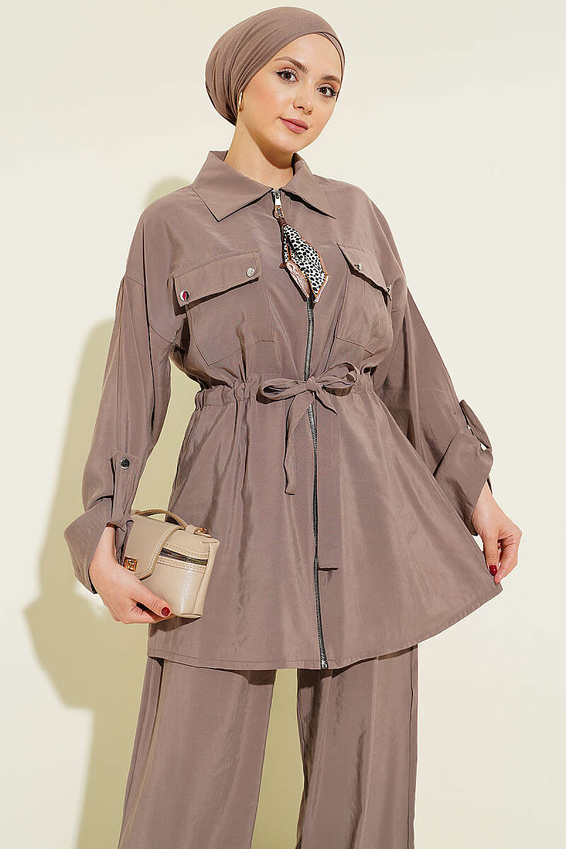 Modal Set with Flap Pockets and Drawstring Waist - Mink
