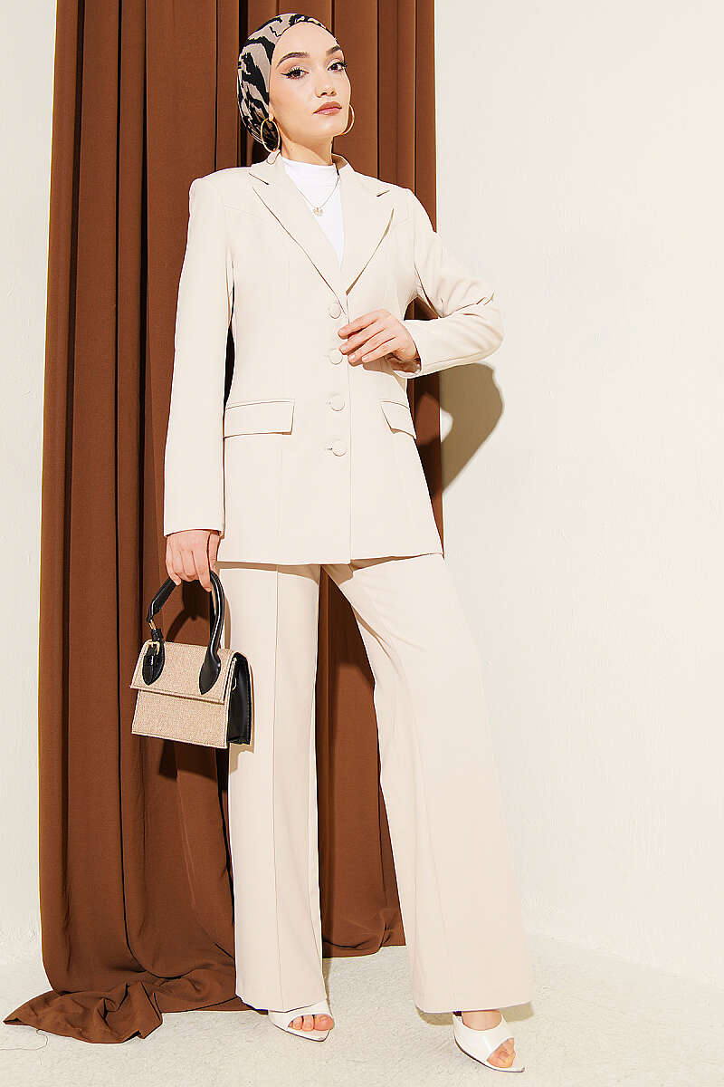 Two-Piece Set with Flap-Pocket Blazer - Beige