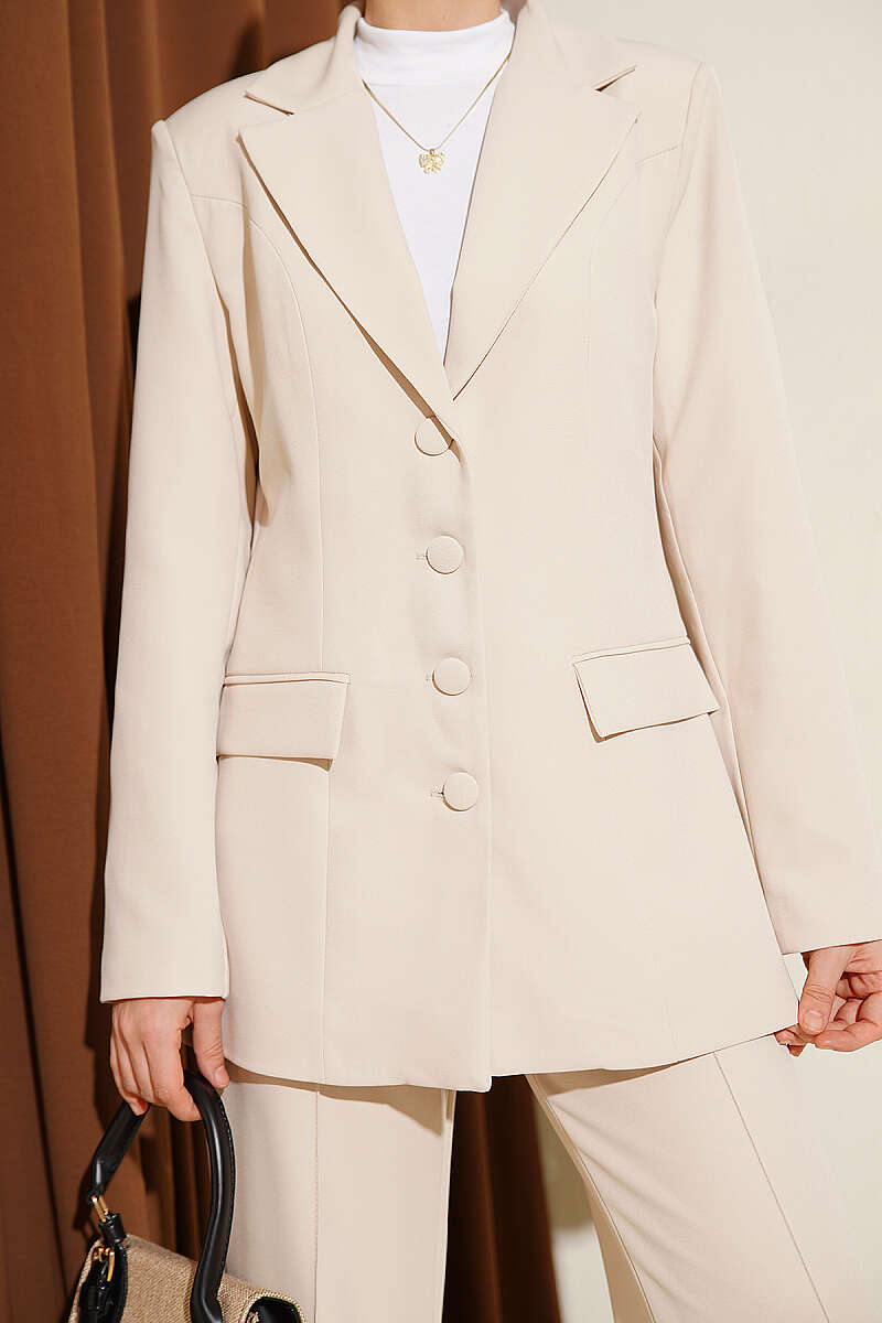 Two-Piece Set with Flap-Pocket Blazer - Beige