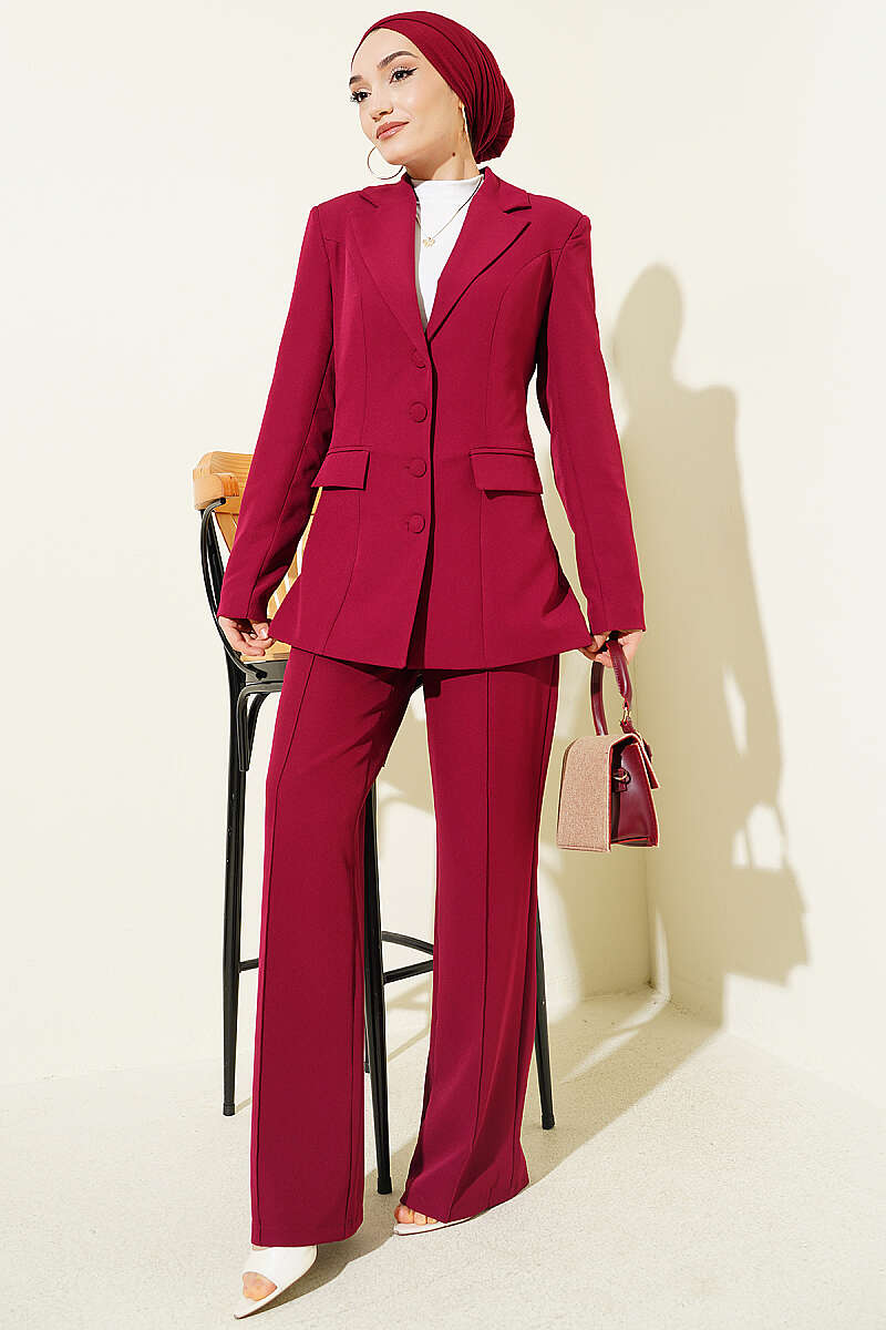 Two-Piece Set with Flap-Pocket Blazer - Burgundy