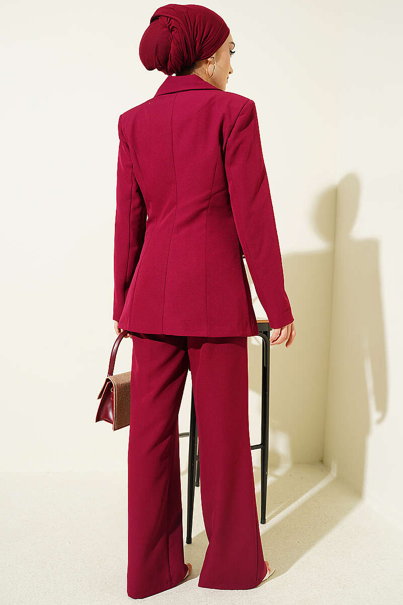 Two-Piece Set with Flap-Pocket Blazer - Burgundy