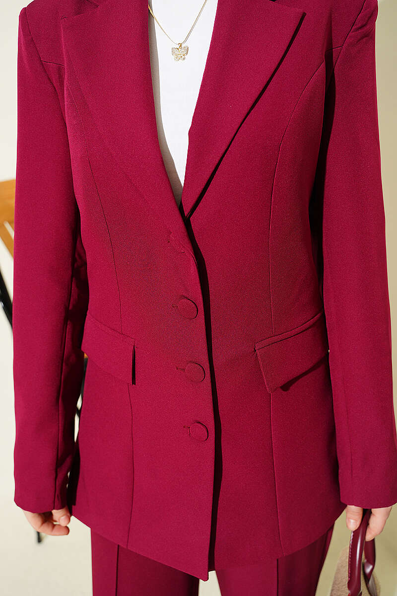 Two-Piece Set with Flap-Pocket Blazer - Burgundy