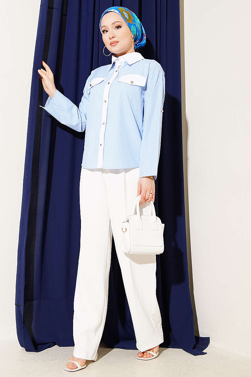 Short Striped Shirt with Flap Pockets - Light Blue