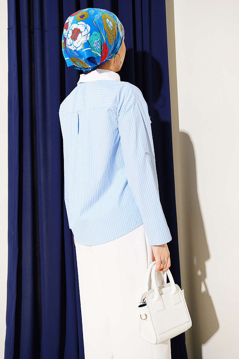 Short Striped Shirt with Flap Pockets - Light Blue