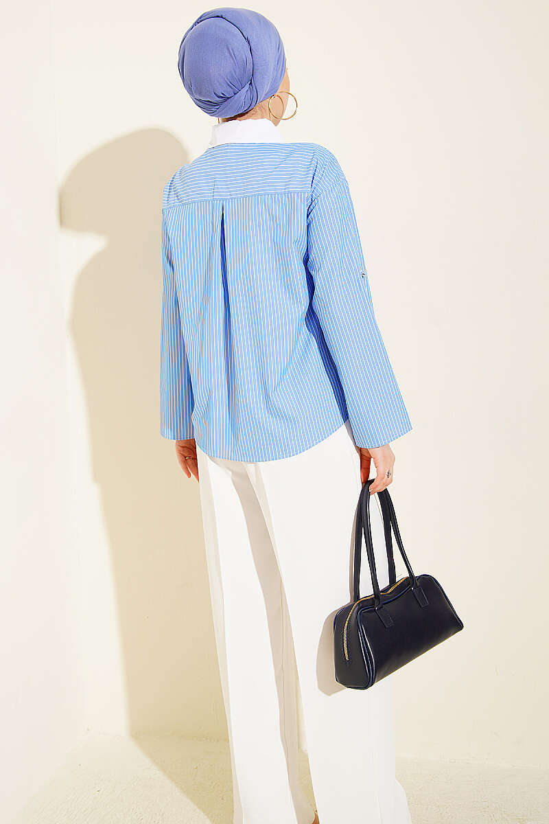 Short Striped Shirt with Flap Pockets - Blue