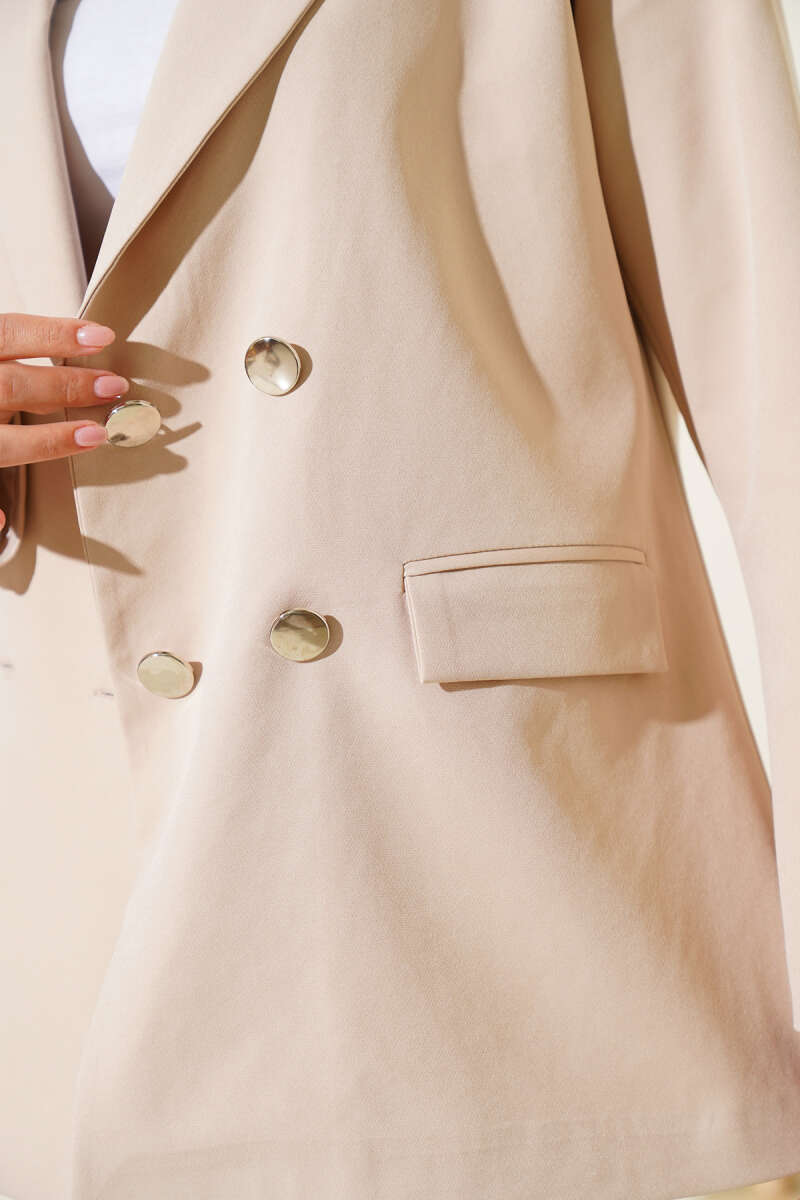 Four-Button Blazer with Flap Pockets - Beige